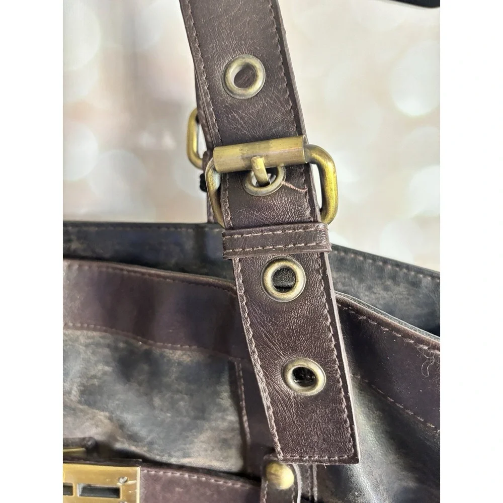 Bueno Black Brown‎ Distressed Vegan Leather Tote Bag Gold Turn Lock Satchel